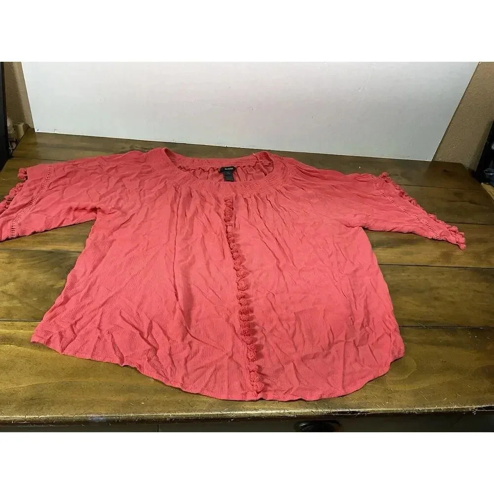 Ali Miles Top Blouse Size 3x Coral 3/4 Bell Sleeve Pullover Fringe